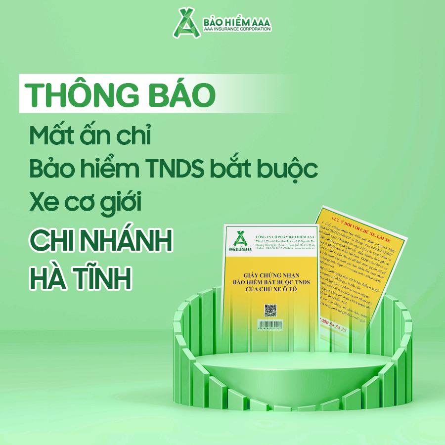 THÔNG BÁO MẤT ẤN CHỈ BẢO HIỂM TNDS BẮT BUỘC XE CƠ GIỚI - CHI NHÁNH HÀ TĨNH